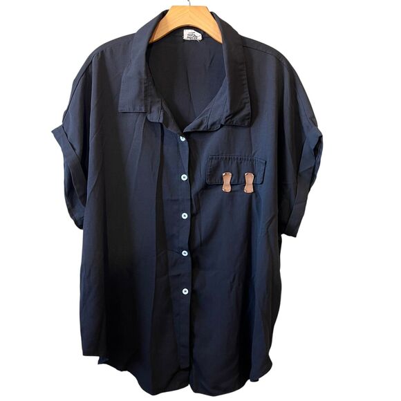 Only Aloha Here Tops - Aloha Here Button Down Tunic Collared Top Shirt Womens Sz. Large Black Oversized